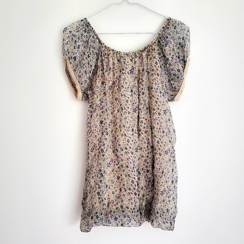 ITALIAN SILK Floral Sheer Blouse Top Cap Sleeves Round Neckline Soft Lined Sz S - Picture 2 of 9